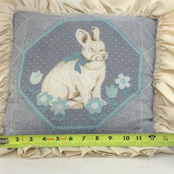 Vintage Ruffled Bunny Easter Pillow 12x12 Blue Cream Cottage Farmhouse Decor - Picture 8 of 8